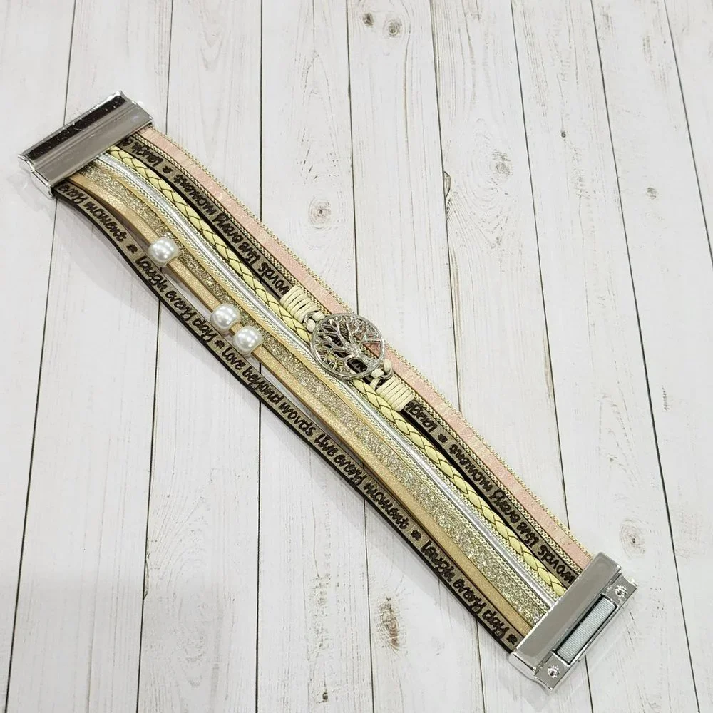 Multilayer Leather Bangle Magnetic‎ Bracelet for Men Or Women 7.5in - Khaki